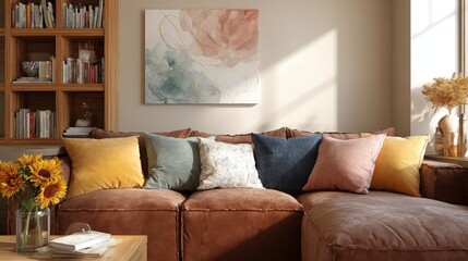 Cozy Living Room Interior with Brown Sofa, Decorative Pillows, Artwork, Bookshelf, and Natural Light