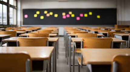 Empty Classroom with Desks and Blackboard, Education Setting, Waiting for Students, School Ready, Back to School