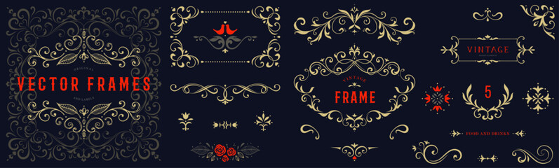 Collection of luxury gold frames, borders and corners with ornate swirls. Good for greeting cards, wedding invitations, restaurant menu, royal certificates and graphic design.