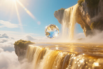 Floating Cliffs Above Clouds with Golden Sunlight and Mist
