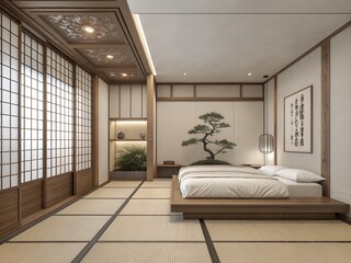 Obraz premium Minimalist Scandinavian bedroom with oak paneling, linen bed, and orb lights.