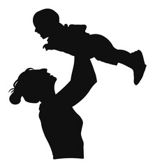 Mother playing with baby silhouette PNG with transparent background, woman lifting child up for parenting, joy, and care themes