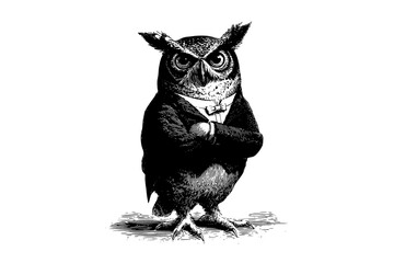 Fototapeta premium an owl wearing a formal suit with a bow tiearm, bow tie, business suit, cocktail dress, drawing, illustration, owl, stand, tie, wear 