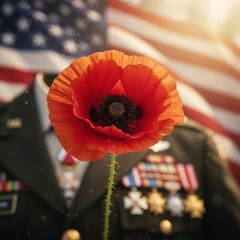 Poppy flower in front of a military uniform and American flag symbolizing Veterans Day remembrance