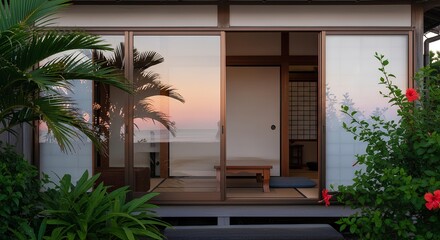Fototapeta premium Japanese subtropical beach house with sliding glass walls