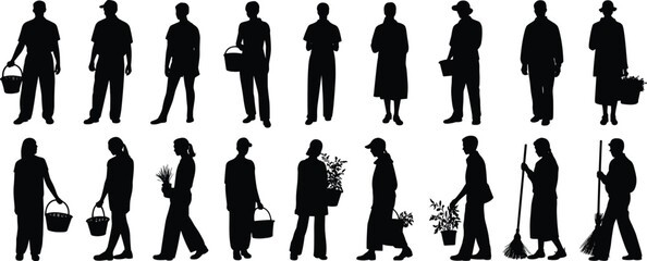 Silhouettes of people holding baskets and plants, gardening, farming, sweeping, outdoor activity, plant care, rural lifestyle, community work, nature connection