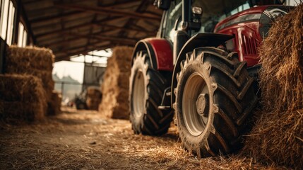 Fototapeta na wymiar Tractor Ready to Work Alongside Hay Bales in Barn, Agriculture and Farming Industry