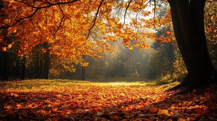 Fototapeta premium Autumnal forest scene with vibrant fall foliage. Sunlight streams through trees
