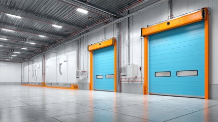 Industrial Warehouse Interior with Blue Loading Dock Doors, Smooth Concrete Floor, and Metallic Ceiling