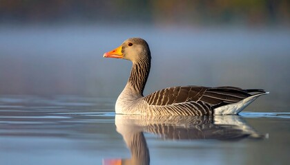 Graceful graylag goose glides across a still, reflective water surface, showcasing its striking plumage and tranquil surroundings.