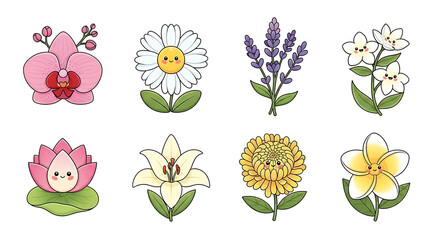 Eight cartoon flower illustrations featuring an orchid, daisy, lavender, jasmine, lotus, lily, sunflower, and plumeria, each with a cute, smiling face.