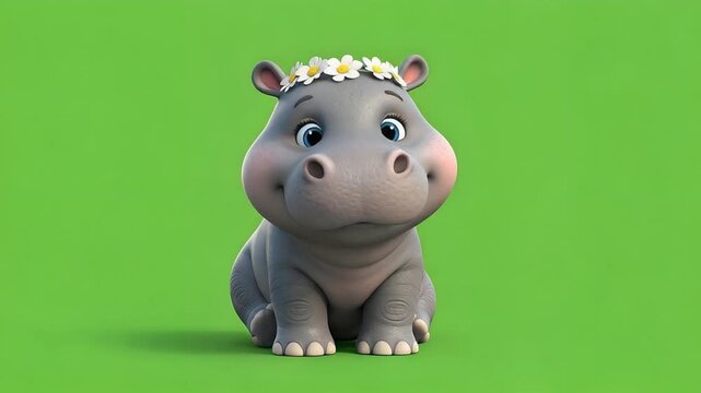 Adorable Cartoon Hippo with Daisy Crown, Smiling on Green Background