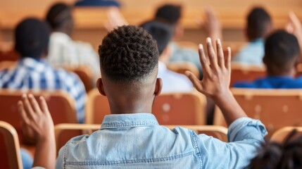 Student raising hand in lecture hall, active participation and engagement in educational setting