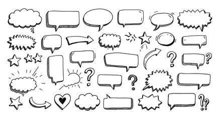 Collection of hand-drawn doodle speech bubbles, thought clouds, arrows, and comic elements.