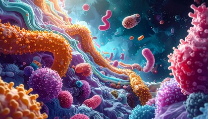 Fototapeta premium A vibrant, detailed illustration showcases a colorful array of microscopic cells and bacteria, with dynamic shapes and textures.