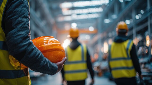 Construction Workers Walking in Factory, Focused on Safety Standards, Wearing Hard Hats and Protective Gear, Blurred Background