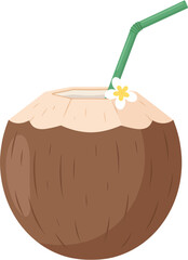 Tropical Fresh Coconut Drink with Straw and Flower Icon Illustration
