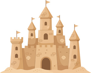 Flat Design Detailed Sandcastle with Shell Decoration Summer Holiday Illustration