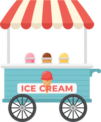 Flat Design Ice Cream Cart with Awning and Three Flavors Illustration