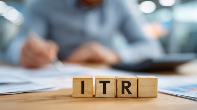 ITR wooden blocks represent income tax return, man calculating finance with calculator and business documents