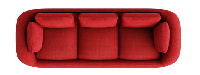 Red, oval-shaped sofa, top view