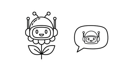 Obraz premium Vector illustration of cute robot flower character with antennae and a speech bubble