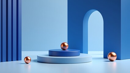 Abstract Geometric Scene with Spheres and Architectural Elements in Shades of Blue and Gold
