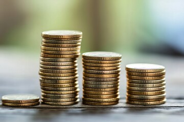 Stacks of coins, increasing in height, on a wooden surface