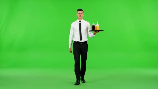 Dedicated Service: A poised waiter strides forward, balancing a tray laden with condiments against a vibrant green backdrop, embodying service excellence.