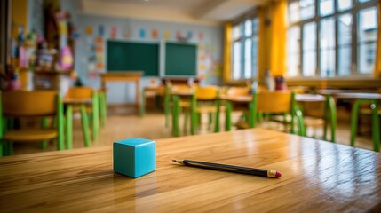 Naklejka premium Inviting Elementary School Classroom with Wooden Desks, Colorful Chairs, Blackboard and a Blue Cube Toy