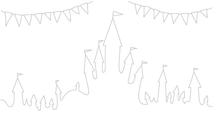 Obraz premium A whimsical line drawing of a castle landscape with flags and bunting on a white background design art