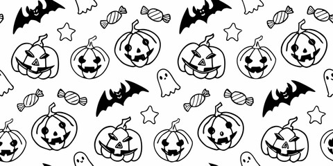 Seamless halloween pattern with pumpkins bats ghosts stars and candies in black and white outline style