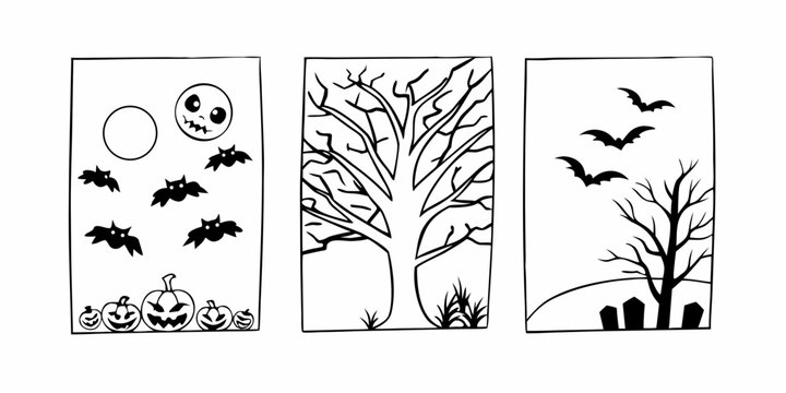 Three halloween themed drawings featuring bats pumpkins trees and a spooky moon in a black and white style