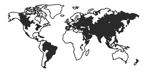 World map outline showing continents in black and white geographical representation of the earth surface