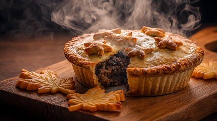 A freshly baked meat pie with steam rising and leaf shaped crusts on a wooden serving board