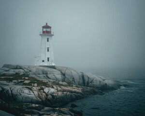 Misty Lighthouse On Rocky Coastline