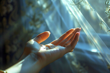 Hand reaching toward sunlight filtering through sheer fabric in a serene indoor setting during morning hours