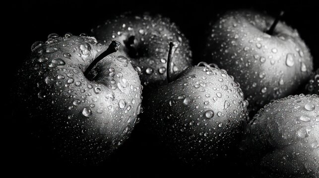Close-up black and white apples with water droplets