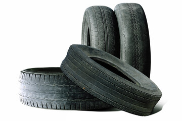 old worn damaged tires isolated on white background