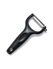 Obraz premium A black vegetable peeler with a comfortable grip is presented against a pure white background.