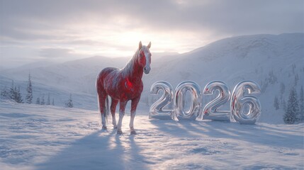 A white horse stands in a snowy winter landscape next to large mirror-like “2026” numbers reflecting the cold sunrise light in the snow-covered mountains.