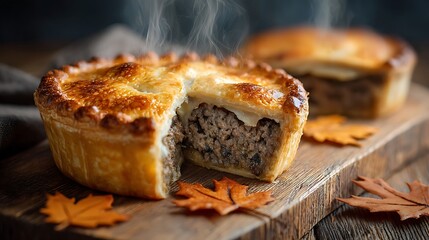 A close up of a savory pie with a slice cut out on a wooden board with autumn leaves around it