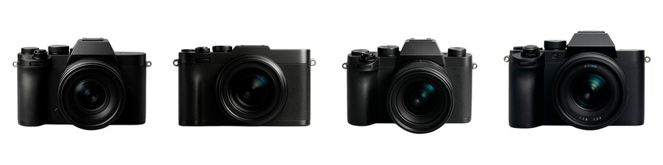 Four modern digital mirrorless cameras isolated on white background