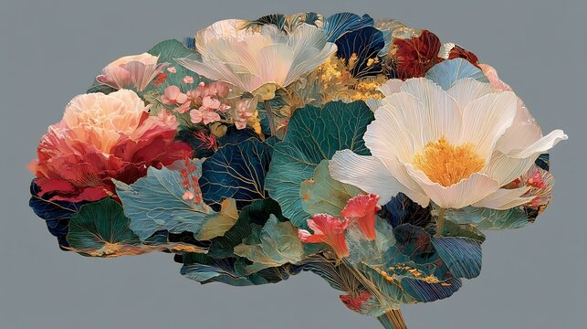 Mental health represented an illustrated brain filled with calming flowers and soft peaceful colors symbolizing balance