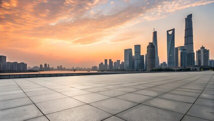 empty square floor and city skyline with modern building