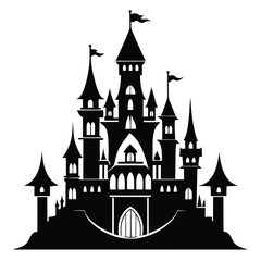 Obraz premium Silhouette Illustration of a Fantasy Castle with Flags and Towers Against a Simple Background