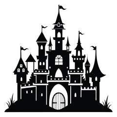 Obraz premium Majestic Black Silhouette Fantasy Castle with Towers, Flags, and Arched Gate Illustration