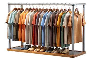 A rack of colorful men s shirts and shoes displayed in a store