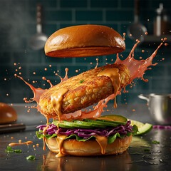 Delicious burger mid air, juice burger