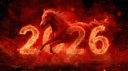 a red fire horse running with flaming numbers 2026 on a dark fiery background.